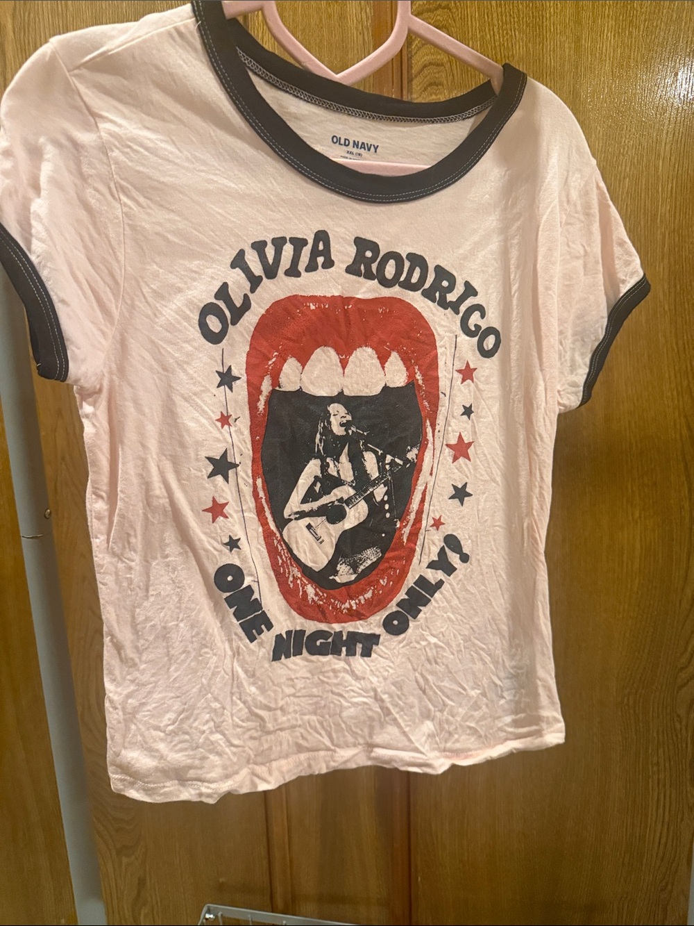 Old Navy Pink Ringer Tee with Black Trim and Red Graphic